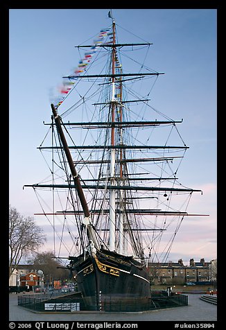 Cutty Sark with wind blowing upon flags. Greenwich, London, England, United Kingdom