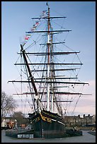 Cutty Sark with wind blowing upon flags. Greenwich, London, England, United Kingdom