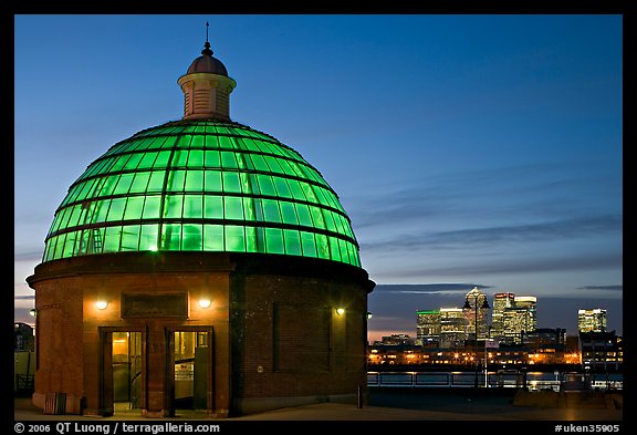 Entrance of foot tunnel under the Thames and Docklands buildings at dusk. Greenwich, London, England, United Kingdom (color)