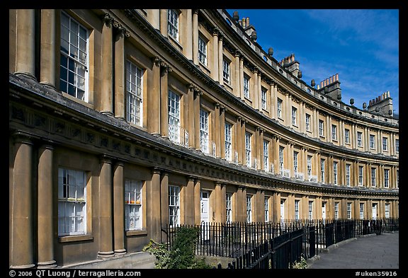 Georgian facades of townhouses on the Royal Circus. Bath, Somerset, England, United Kingdom (color)