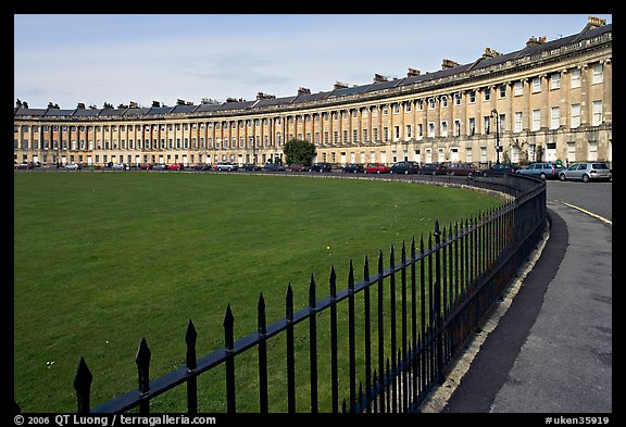 Fence, lawn, and Royal Crescent. Bath, Somerset, England, United Kingdom (color)