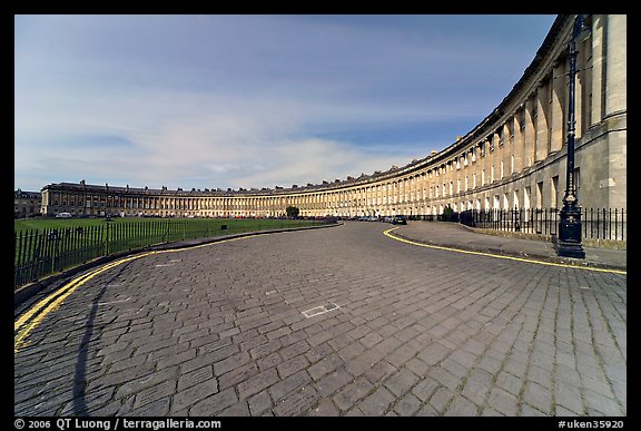Cobblestone pavement and curved facade of Royal Crescent. Bath, Somerset, England, United Kingdom (color)