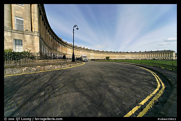 Wide view showing the whole Royal Crescent terrace. Bath, Somerset, England, United Kingdom (color)