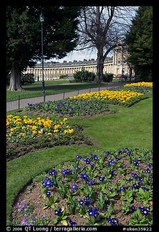 Flowers in park, with Royal Crescent in the background. Bath, Somerset, England, United Kingdom (color)