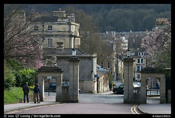 Gate at the entrance of Royal Victoria gardens, and street. Bath, Somerset, England, United Kingdom (color)