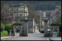 Gate at the entrance of Royal Victoria gardens, and street. Bath, Somerset, England, United Kingdom