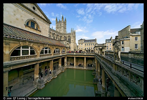 Pool of the Roman Bath, colored by green algae because of the loss of original roof. Bath, Somerset, England, United Kingdom