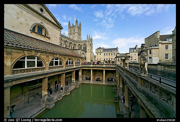 Pool of the Roman Bath, colored by green algae because of the loss of original roof. Bath, Somerset, England, United Kingdom (color)