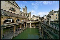 Pool of the Roman Bath, colored by green algae because of the loss of original roof. Bath, Somerset, England, United Kingdom