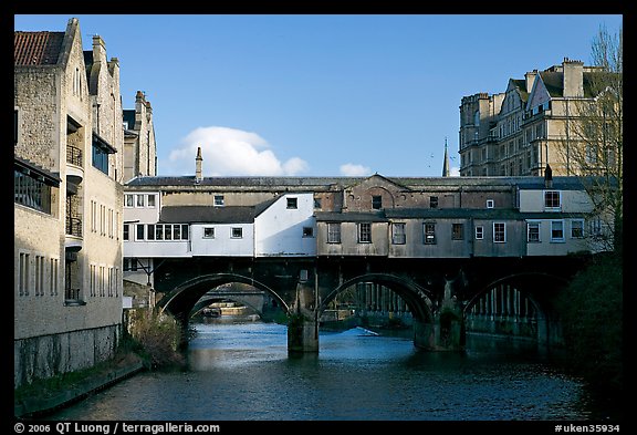 Pulteney Bridge, one of only four bridges in the world with shops across the full span on both sides. Bath, Somerset, England, United Kingdom (color)