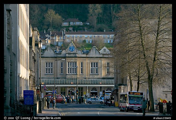 Street and train station, late afternoon. Bath, Somerset, England, United Kingdom (color)