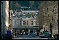 Street and train station, late afternoon. Bath, Somerset, England, United Kingdom