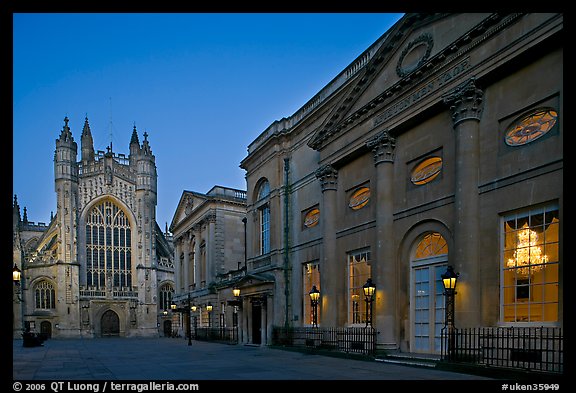 Pump Room, Roman Bath, and Abbey, dusk. Bath, Somerset, England, United Kingdom (color)