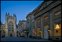 Pump Room, Roman Bath, and Abbey, dusk. Bath, Somerset, England, United Kingdom (color)