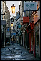 Lamps, pigeons, and narrow street. Bath, Somerset, England, United Kingdom