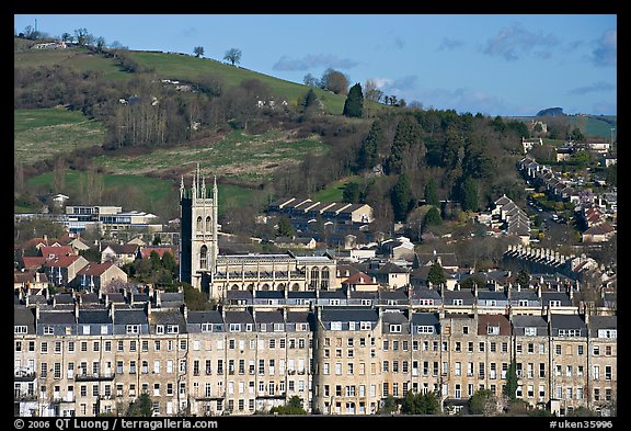 Townhouses, church and hill. Bath, Somerset, England, United Kingdom (color)