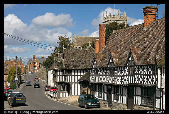 Village main street lined with half-timbered houses. Wiltshire, England, United Kingdom