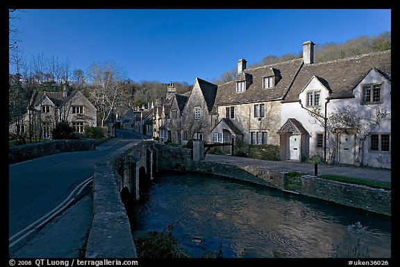 Main village street and Bybrook River, late afternoon, Castle Combe. Wiltshire, England, United Kingdom (color)