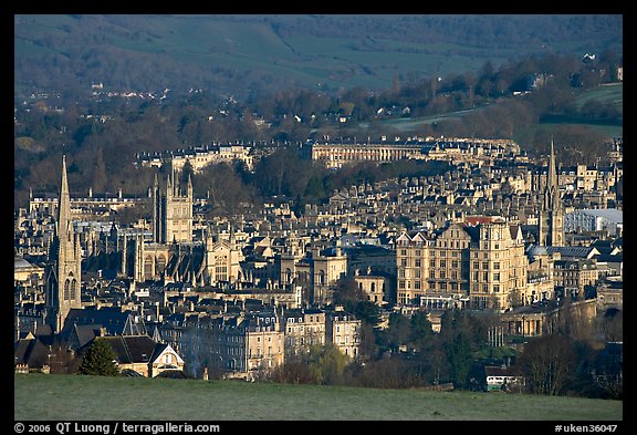 Churches, Abbey, Royal Crescent, early morning. Bath, Somerset, England, United Kingdom