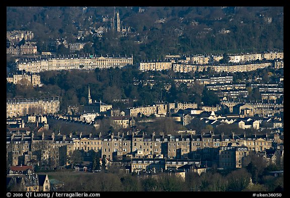 Distant view of rows of typical Georgian terraces. Bath, Somerset, England, United Kingdom (color)