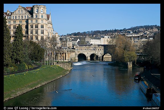 Avon River, Empire hotel, and Pulteney Bridge, morning. Bath, Somerset, England, United Kingdom (color)