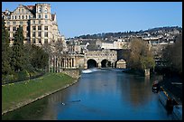 Avon River, Empire hotel, and Pulteney Bridge, morning. Bath, Somerset, England, United Kingdom