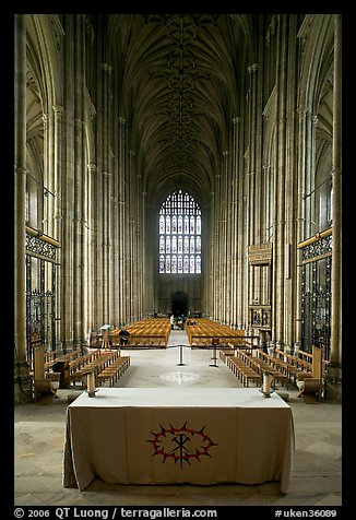 Altar, soaring arches of the Nave, and stained glass, Canterbury Cathedral. Canterbury,  Kent, England, United Kingdom (color)