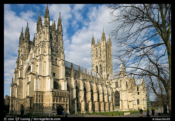 Canterbury Cathedral with people strolling on precincts. Canterbury,  Kent, England, United Kingdom (color)