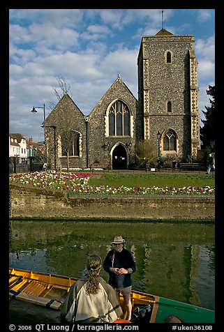 Rowboat, River Stour, Guildhall (former Holy Cross church). Canterbury,  Kent, England, United Kingdom (color)