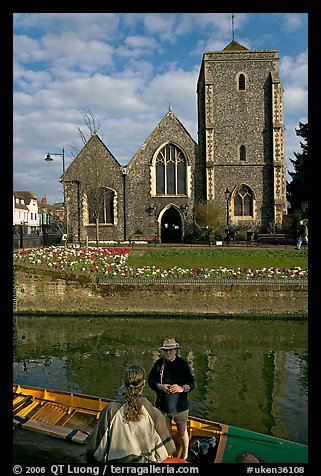 Rowboat, River Stour, Guildhall (former Holy Cross church). Canterbury,  Kent, England, United Kingdom