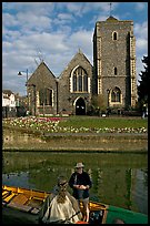 Rowboat, River Stour, Guildhall (former Holy Cross church). Canterbury,  Kent, England, United Kingdom (color)