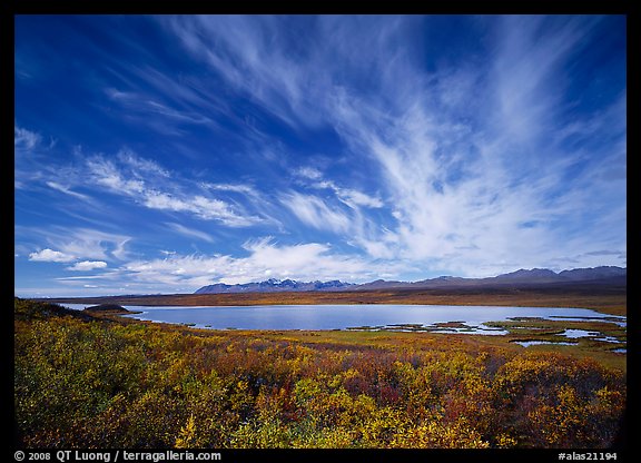 Clouds, tundra in fall color, and lake along Denali Highway. Alaska, USA