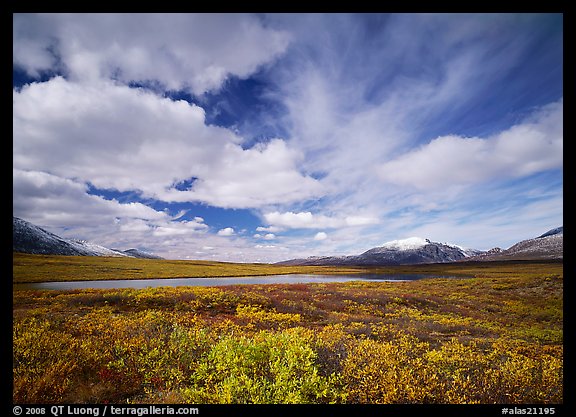 Clouds, tundra, and lake along Denali Highway in autumn. Alaska, USA (color)