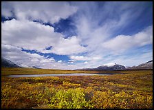 Clouds, tundra, and lake along Denali Highway in autumn. Alaska, USA (color)