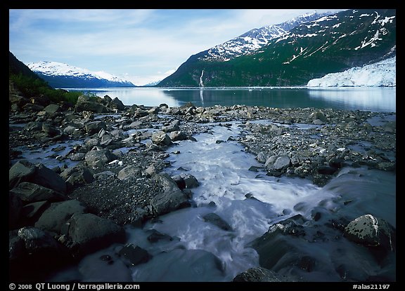 Stream, fjord, glacier, and waterfall, Barry Arm. Prince William Sound, Alaska, USA