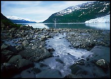 Stream, fjord, glacier, and waterfall, Barry Arm. Prince William Sound, Alaska, USA