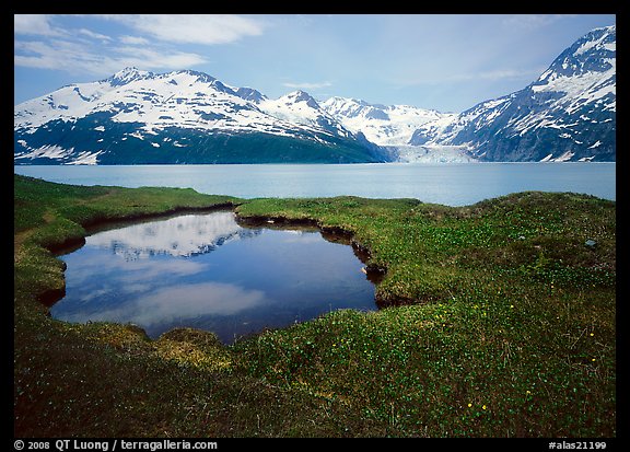 Pond, mountains, and glaciers across Harriman Fjord. Alaska, USA (color)