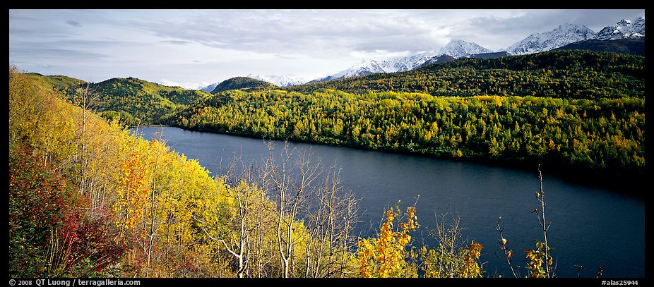 Autumn landscape with forest, lake, and mountains. Alaska, USA (color)