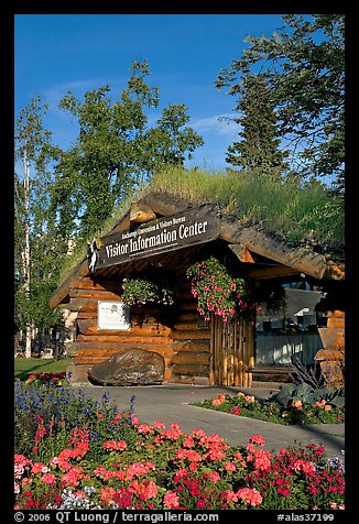 Log cabin visitor center. Anchorage, Alaska, USA (color)