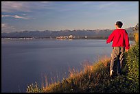 Man walking on the edge of Knik Arm in Earthquake Park, sunset. Anchorage, Alaska, USA ( color)