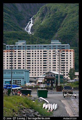 Boat ramp, Begich towers and Horsetail falls. Whittier, Alaska, USA