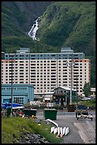 Boat ramp, Begich towers and Horsetail falls. Whittier, Alaska, USA