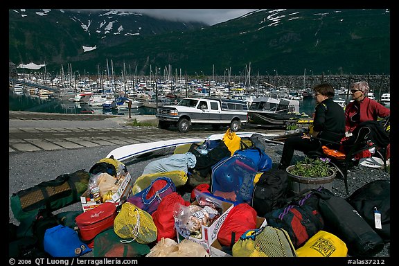 Group gear for a sea kayaking trip. Whittier, Alaska, USA (color)