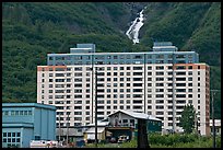 Begich towers and Horsetail falls. Whittier, Alaska, USA