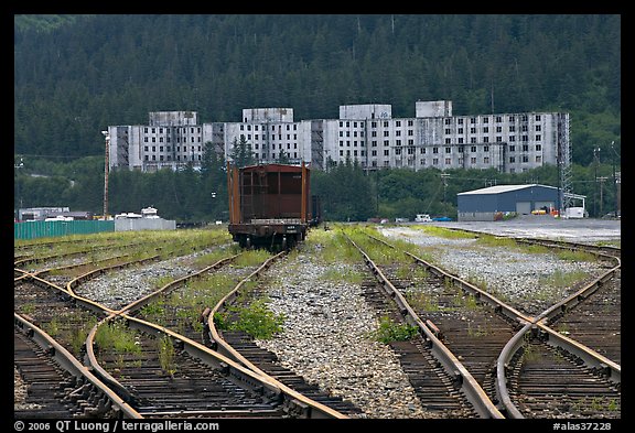 Rail tracks and Buckner building. Whittier, Alaska, USA (color)