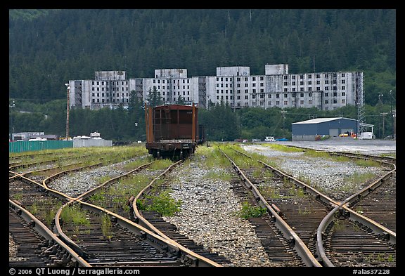 Rail tracks and Buckner building. Whittier, Alaska, USA