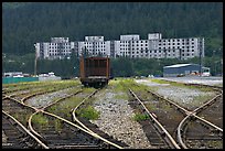 Rail tracks and Buckner building. Whittier, Alaska, USA (color)