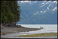 Women fishing and dog, at the edge of Passage Canal Fjord. Whittier, Alaska, USA