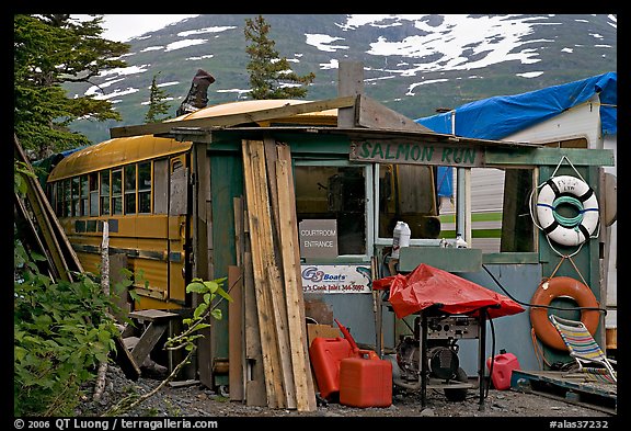 School bus reconverted for housing. Whittier, Alaska, USA (color)