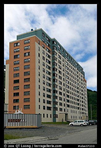 Begich towers, home to half of Whittier population. Whittier, Alaska, USA